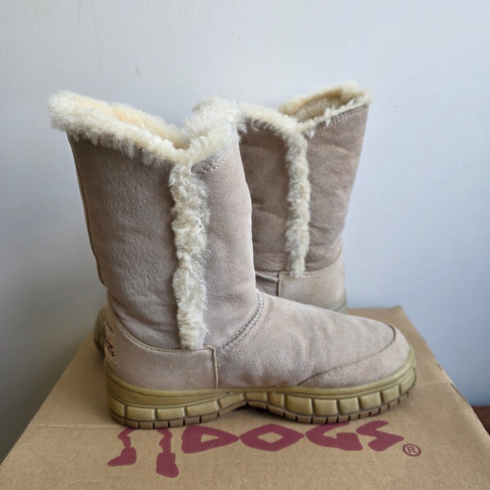 Aussie Dogs Tan Suede Sheepskin Fur Lined Mid Calf Winter Boots Womens